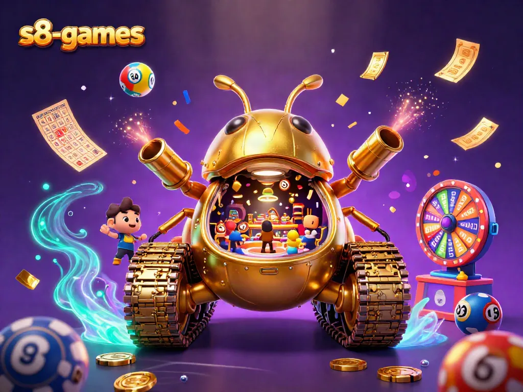 S8-games casino action with a colorful golden beetle tank and vibrant lottery elements.