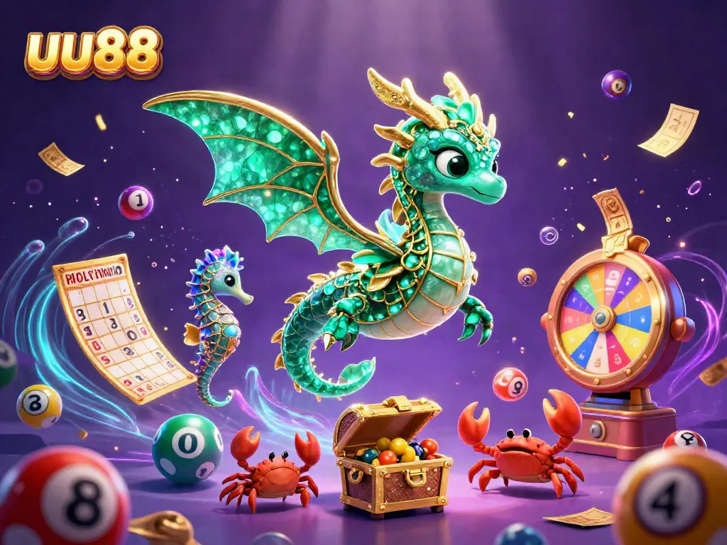 uu88 brings excitement with a vibrant 3D illustration of a sea dragon and casino elements.
