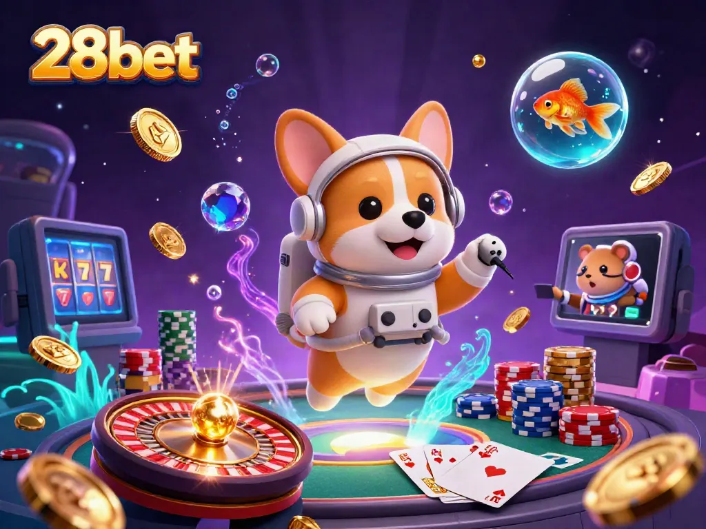 Experience the thrilling excitement of 28bet in this vibrant 3D casino scene with floating characters and game elements.