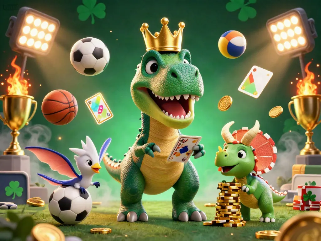 Experience thrilling gaming at Thabet with a vibrant scene featuring a playful T-Rex managing cards amidst a dynamic atmosphere.