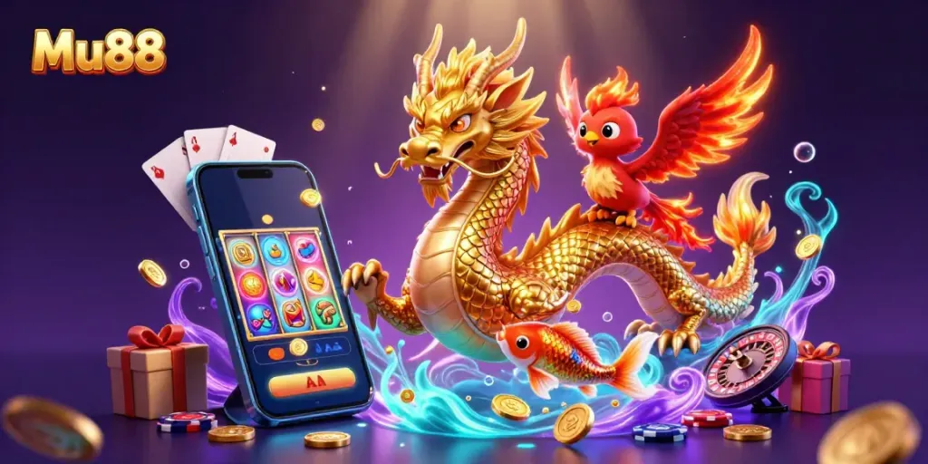 Engage with the thrilling world of Mu88, featuring a fierce dragon and charming phoenix amidst coins.