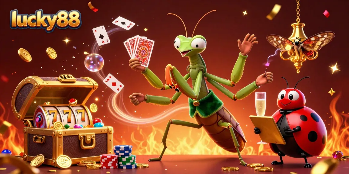 Engage with the lucky88 casino scene featuring a giant praying mantis card sharp, celebrating with floating cards and gold coins.