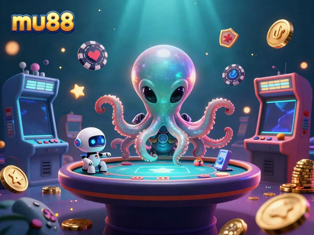 Play thrilling poker games at mu88, where a glowing alien octopus deals cards amid cosmic arcade excitement.