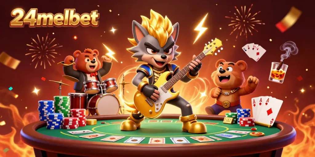 Experience the excitement of 24melbet with vibrant casino action featuring a rock star wolf and a drummer bear.