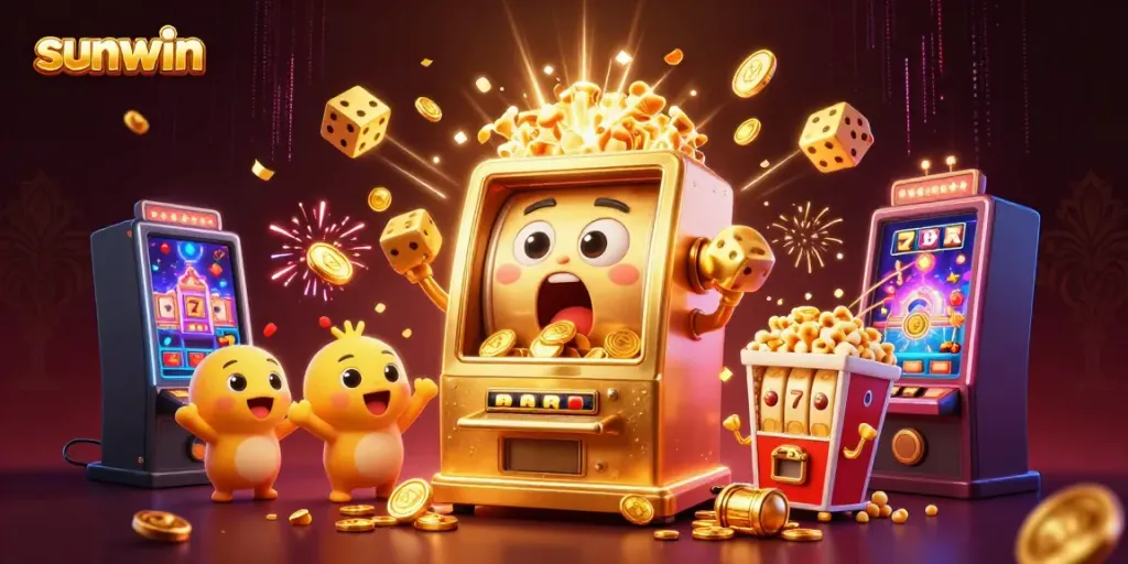 Watch the sunwin slot machine hitting a jackpot as coins cascade out, capturing excitement in a vibrant scene.