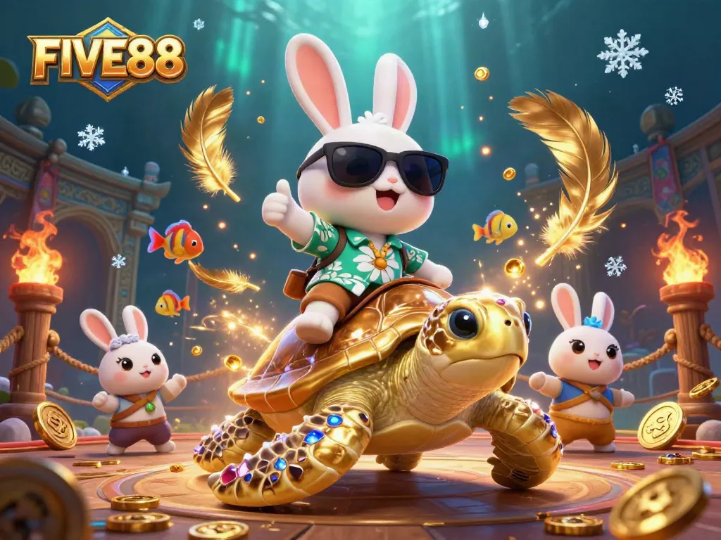 Place bets with FIVE88 in this vibrant underwater casino adventure illustration.