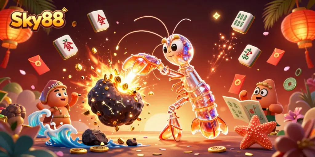 Sky88 showcases a dynamic scene, featuring a vibrant cartoon mantis shrimp bursting asteroids and unleashing gems.