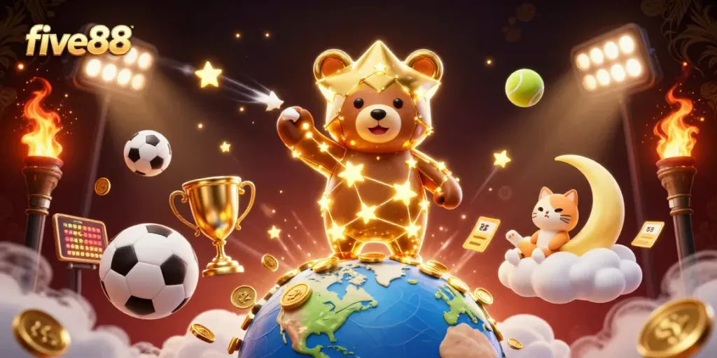 Experience five88 with a vibrant 3D illustration of gaming elements and a constellation bear.