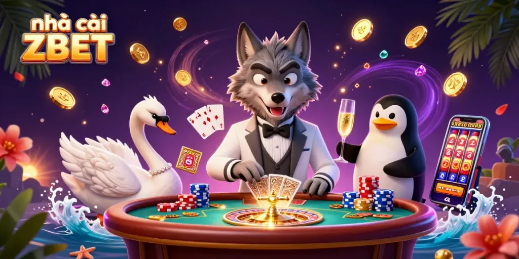 Engaging scene showcasing nhà cái ZBET with cartoon characters at a baccarat table, dynamic casino elements.