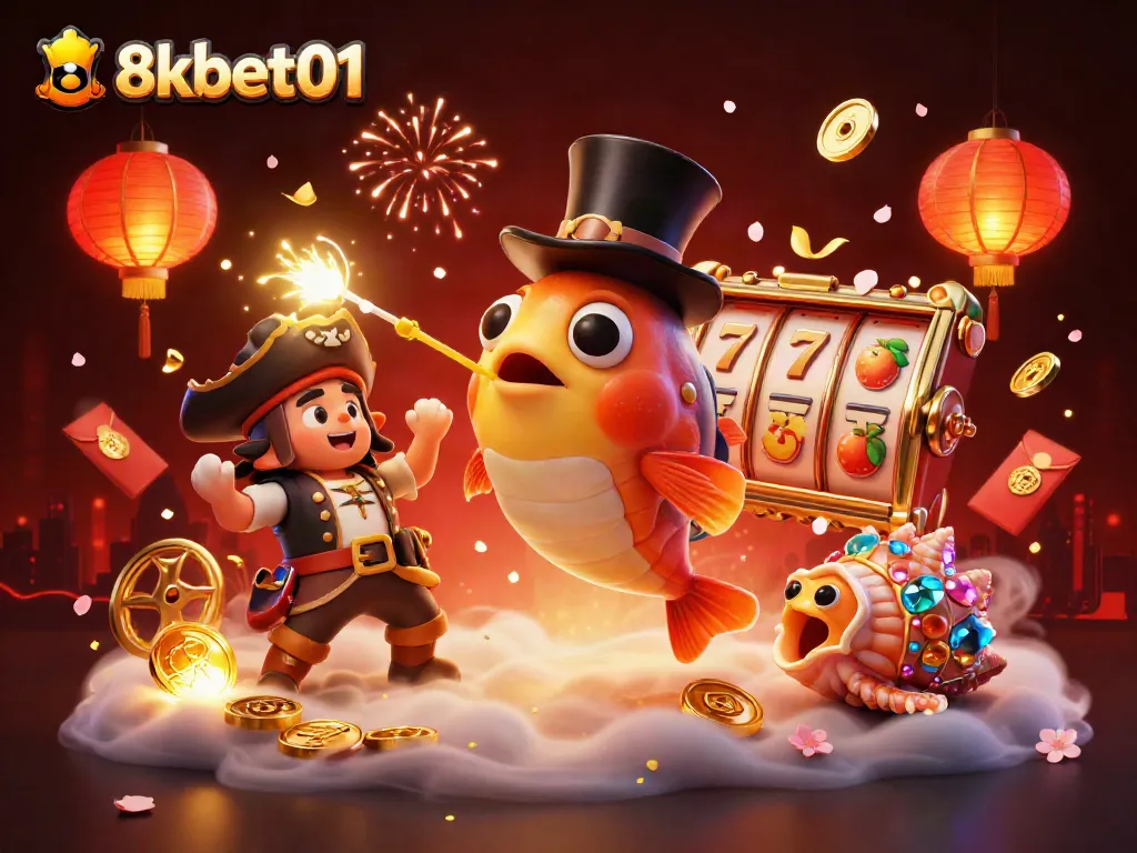 Join the excitement at 8kbet01, where the anglerfish lures golden coins amidst vibrant casino elements.