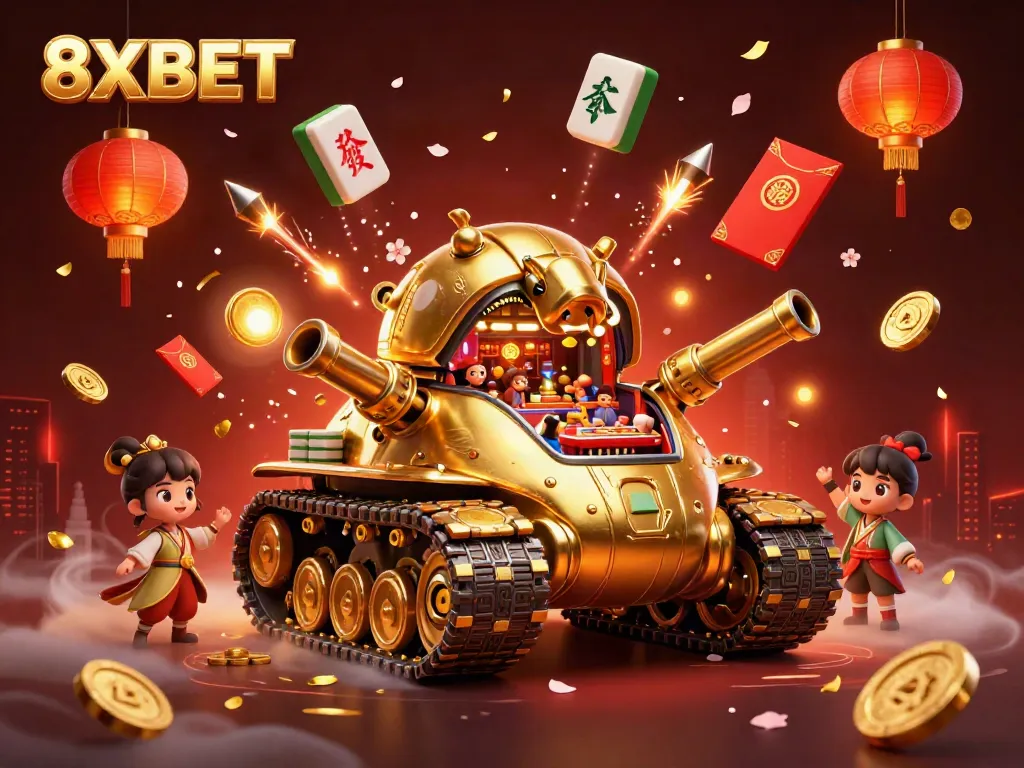 Experience the thrill of gaming at 8XBET with a vibrant 3D casino illustration featuring a golden beetle tank.