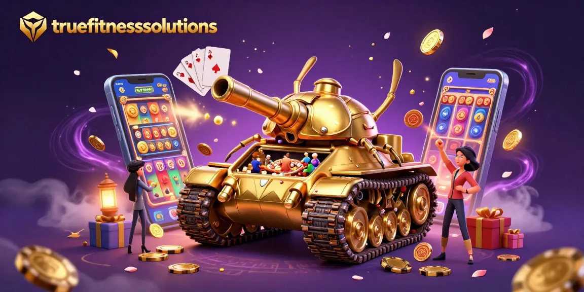 truefitnesssolutions showcases a dynamic casino scene with golden beetle tank and vibrant slot games.