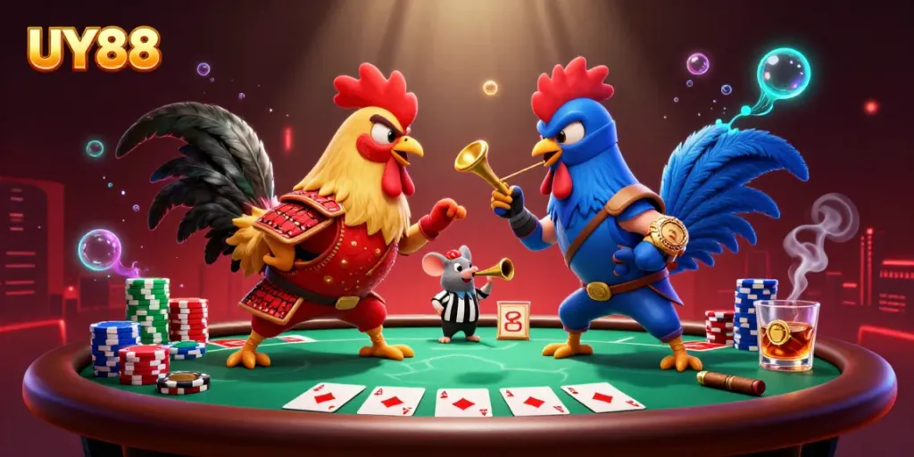 Experience thrilling gameplay with UY88's dynamic fighting roosters and casino elements.