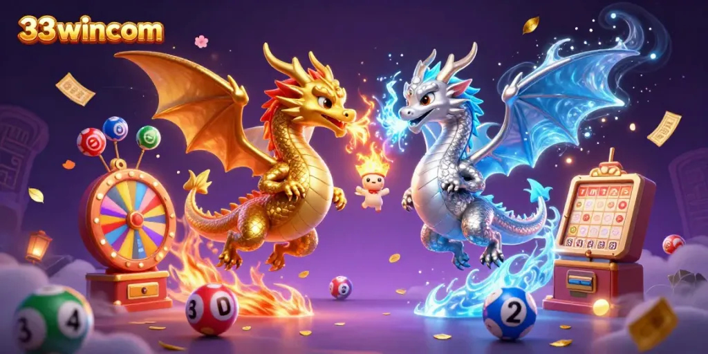 Engage in thrilling gameplay with 33wincom as colorful lottery elements animate around a dynamic duo of dragons.