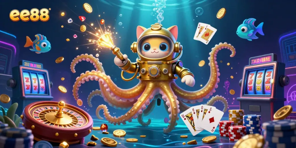 Engage in exciting gameplay with ee88, featuring a colossal kraken and dynamic treasure-filled scene.