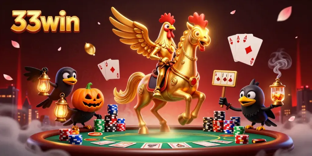 Engage in thrilling games at 33win with a golden rooster and crow companions showcasing the vibrant atmosphere of a midnight casino.