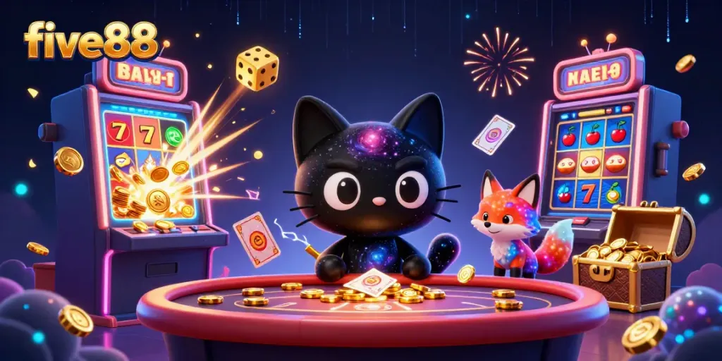 Engage in exciting gaming adventures at five88 with cartoon characters surrounded by vibrant casino elements.