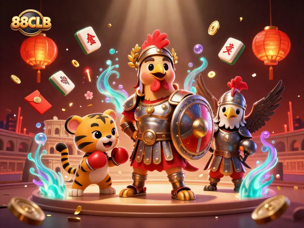Engage with 88CLB in a vibrant casino scene featuring a gladiator rooster, sparring tiger cub, and dynamic game elements.