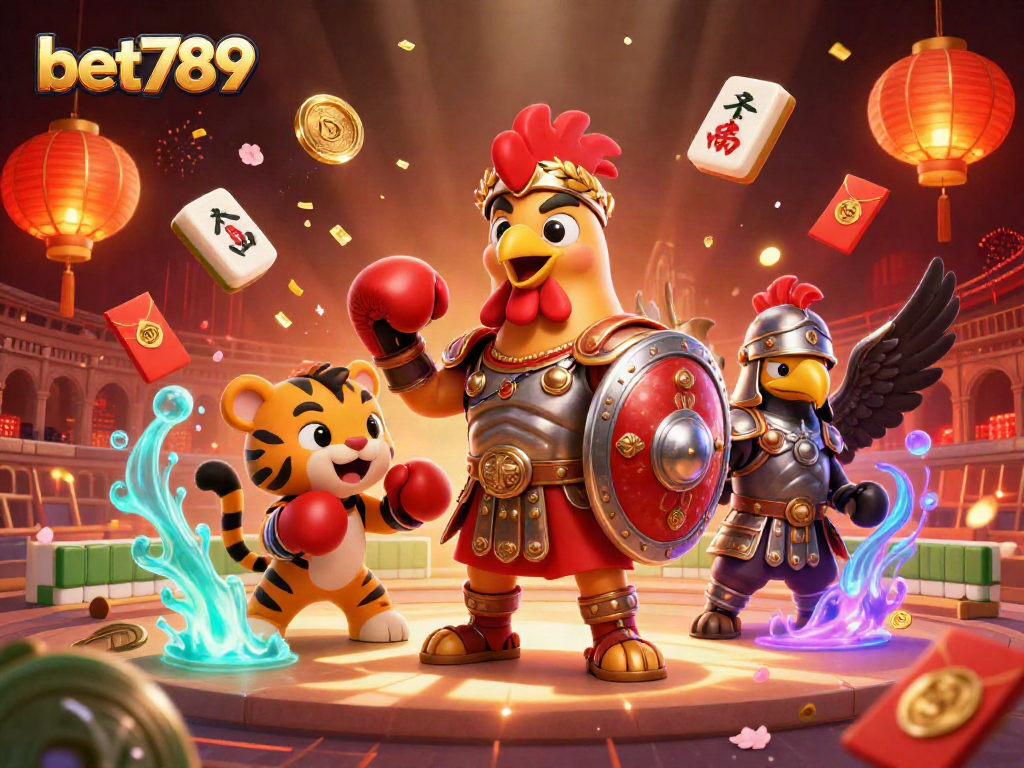 Engage with bet789 in a vibrant 3D casino scene featuring a rooster gladiator and dynamic casino elements.