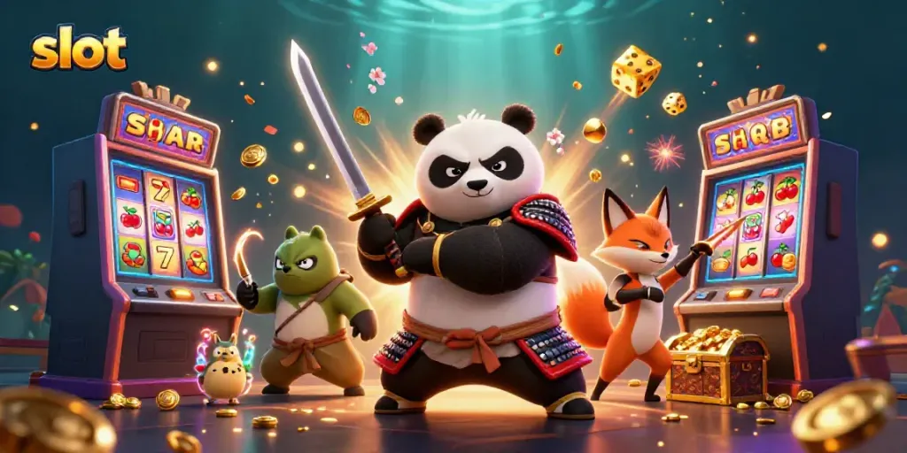 Mesin slot dengan panda samurai dan rubah ninja yang melempar shuriken, ceria dan penuh warna.