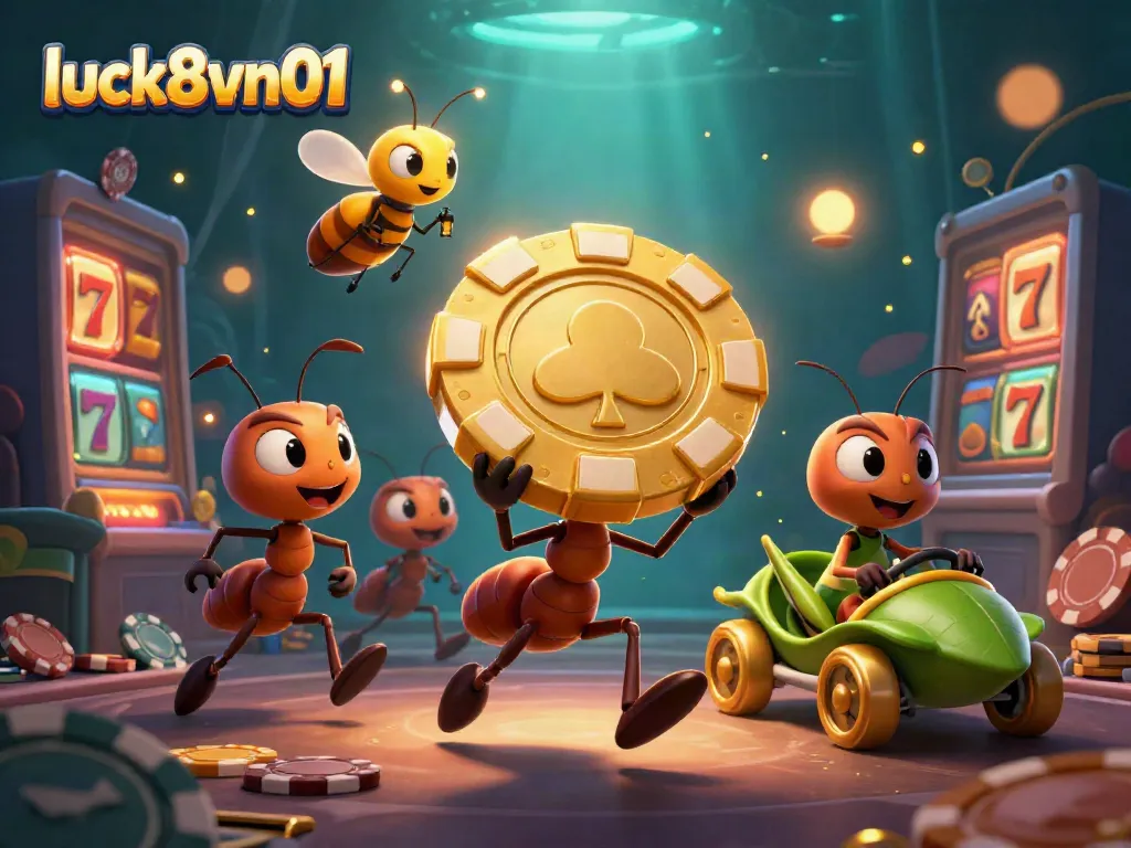 Join the adventure at luck8vn01 as our animated ants transport a giant poker chip, with vibrant casino elements all around.