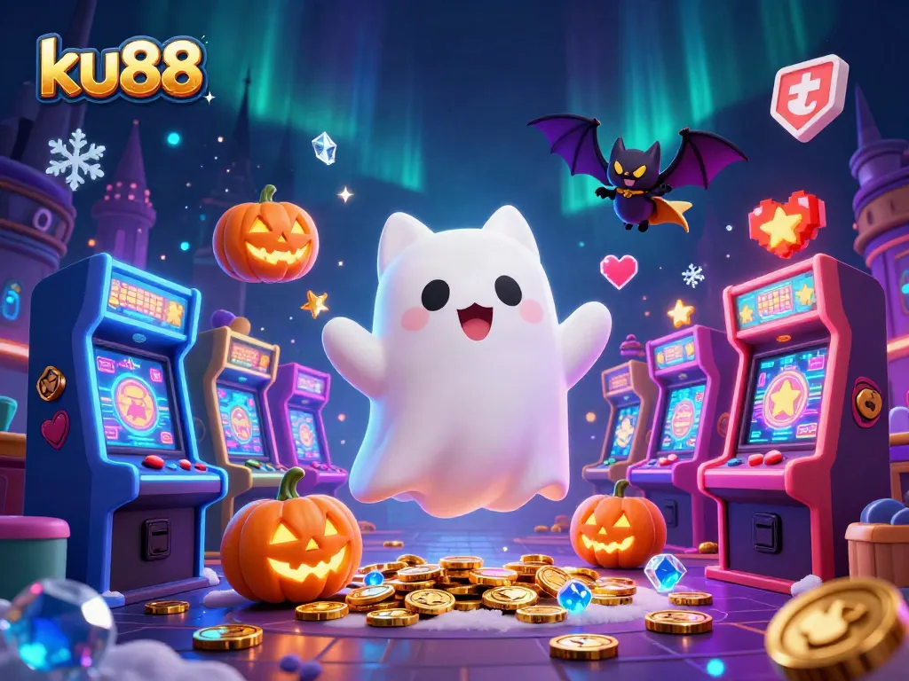 ku88 gaming ghost cat and bat in a haunted casino, surrounded by vibrant slot and arcade elements