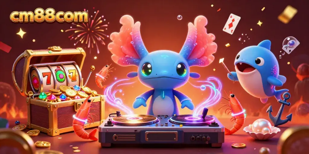 Dance with cm88com's vibrant underwater casino, featuring lively axolotl DJ and colorful gaming action.