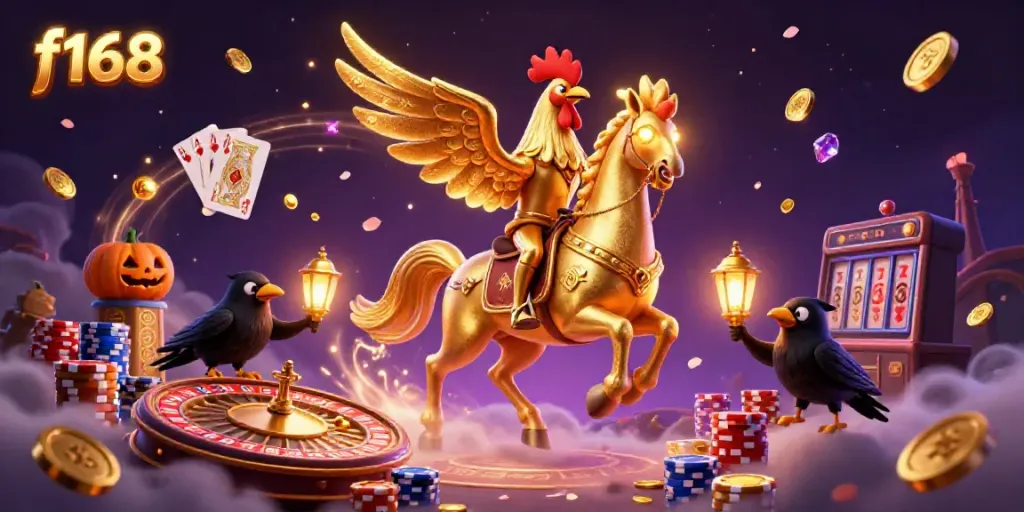 Experience the vibrant f168 casino scene featuring a golden rooster and mystical characters amidst magical elements.