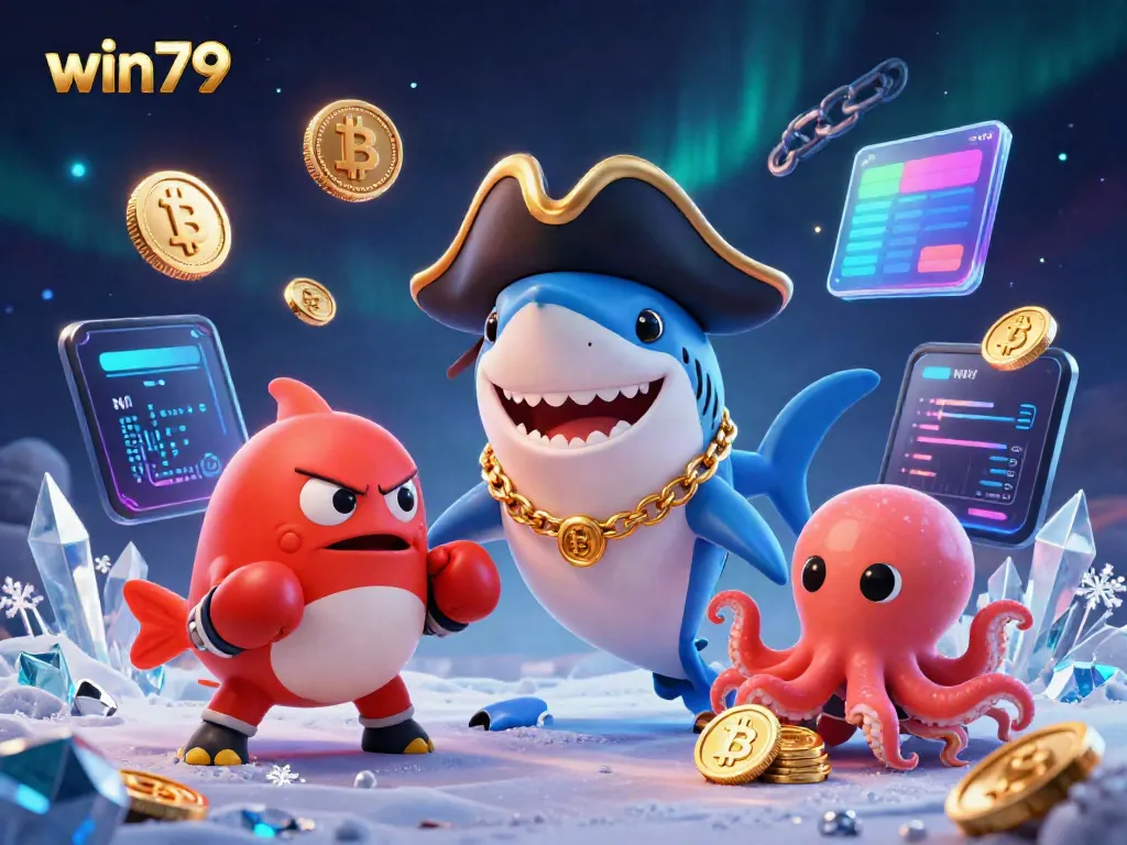 Engage with win79 as a thrilling cartoon scene featuring lively shark, pufferfish, and octopus amidst glowing crypto elements.