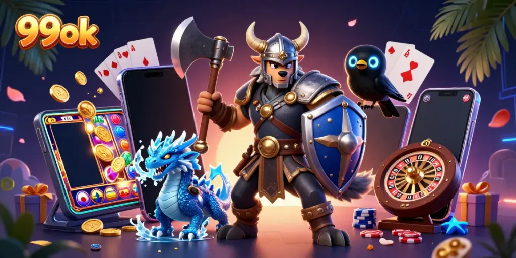 Engage in thrilling games at 99ok with a 3D Viking wolf warrior, dragon, and cosmic elements.