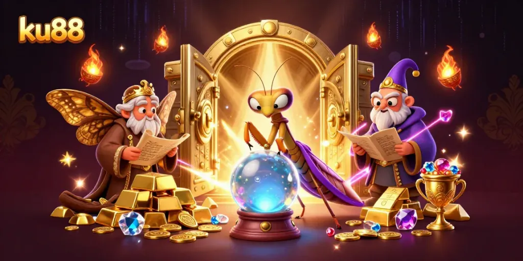 ku88 engages gamblers with vibrant 3D illustration highlighting fortune and gaming treasures.