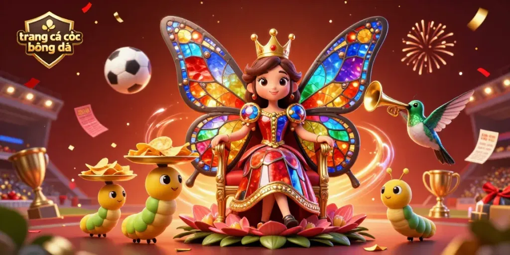 Experience the vibrant world of trang cá cược bóng đá with a colorful illustration of a butterfly queen, caterpillar servants, and dynamic sports betting elements.