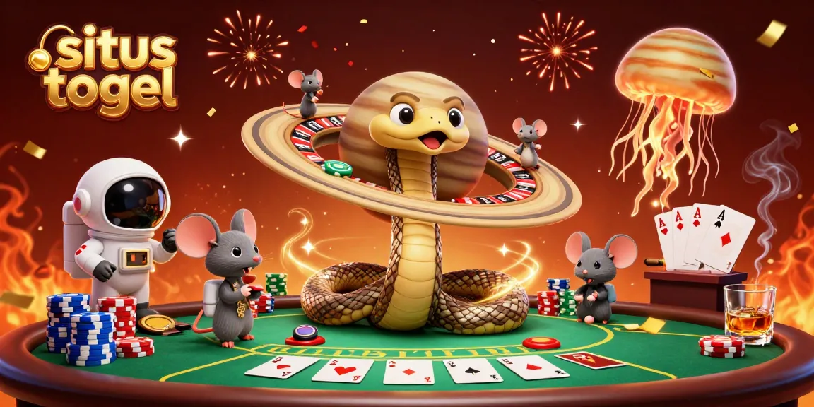 Experience situs togel excitement with a cosmic dealer overseeing a vibrant game scene.