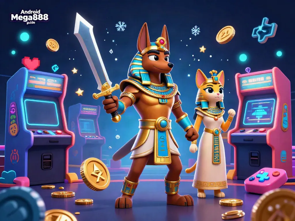 Engage with the Android Mega888 guide in this vivid 3D casino illustration showcasing gaming excitement and iconic characters.