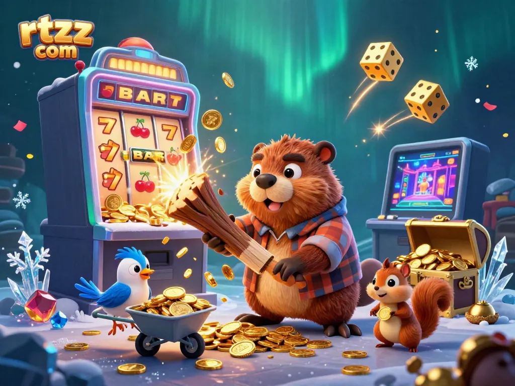 Experience the excitement of rtzz com with a 3D cartoon lumberjack beaver and friends in a casino jackpot scene.