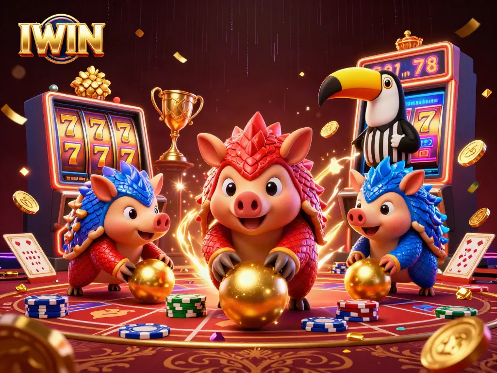 IWIN-themed casino illustration featuring rival pangolins engaging in action-packed slot games.