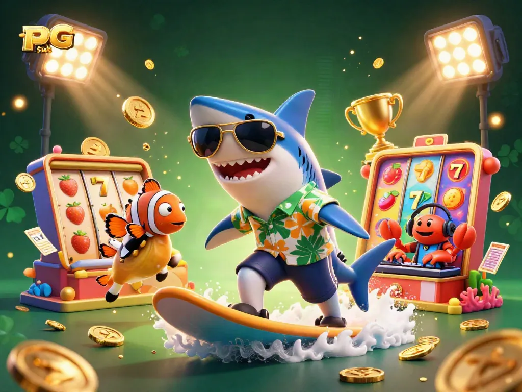 Engaging scene of PG Slot featuring a hammerhead shark with gold coins and vibrant slot reels.