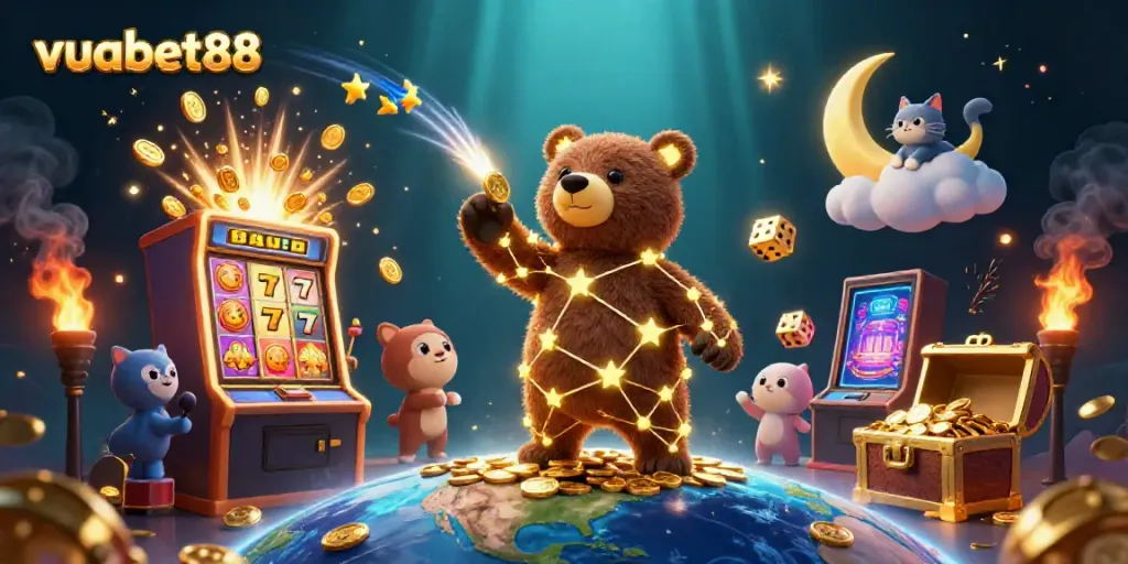 Experience the excitement of vuabet88 with a vibrant 3D scene showcasing rewards and casino elements.