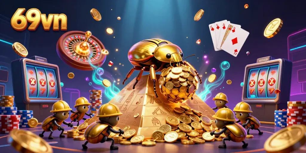 Engage in the vibrant world of 69vn as golden coins cascade in this thrilling casino illustration.