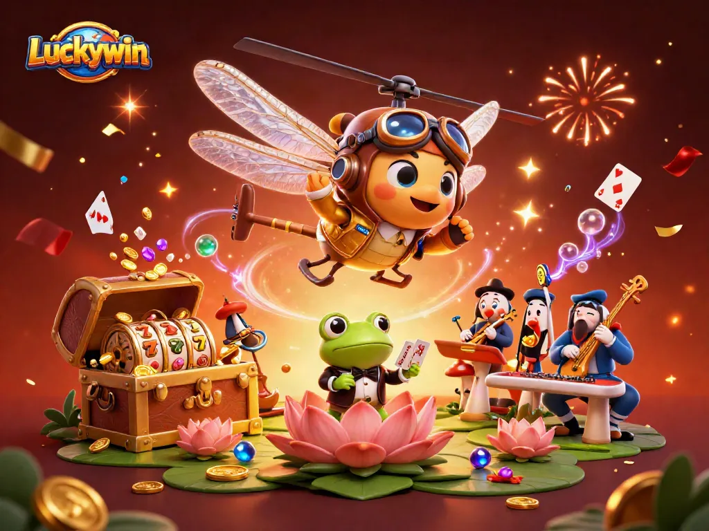 Luckywin immerses players in vibrant casino action with its colorful character scene and game elements.