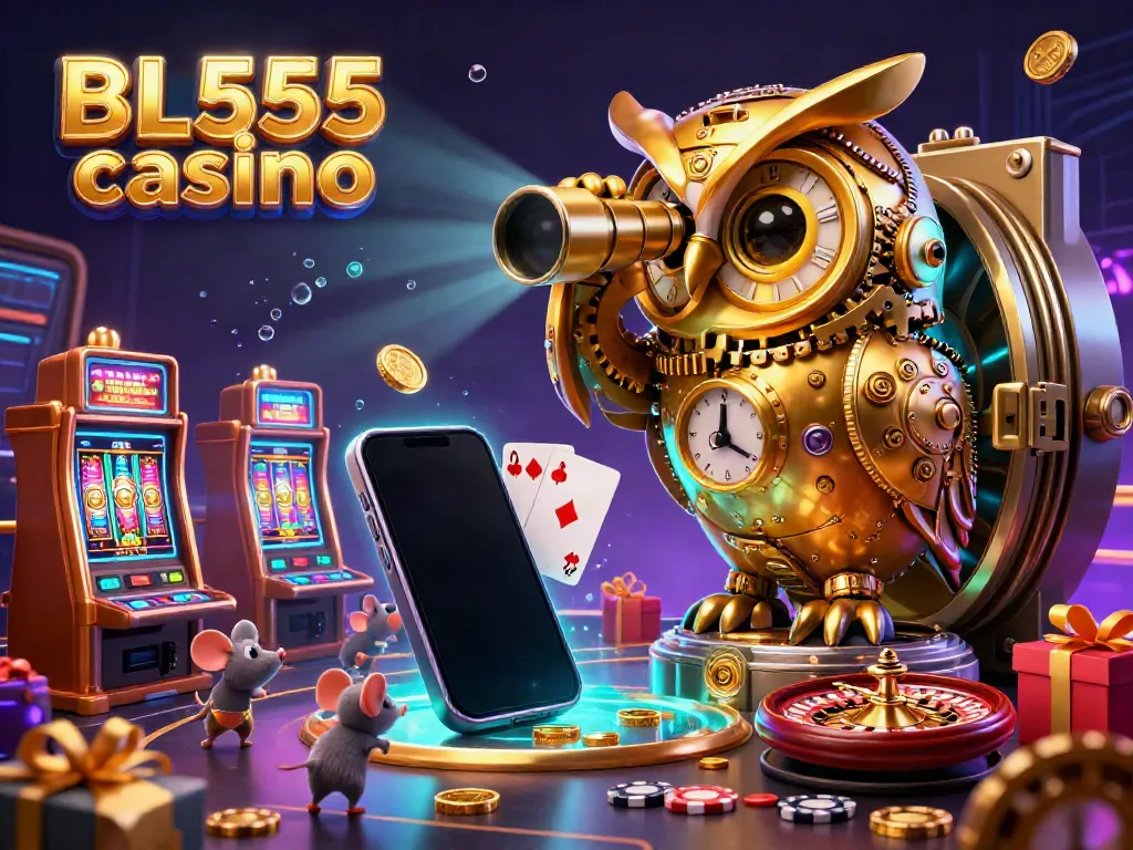 Experience the vibrant energy of BL555 casino with a fantastical 3D illustration of an owl and casino games.