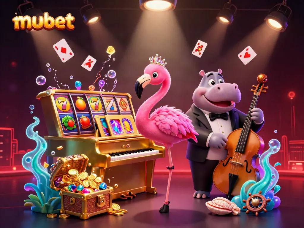 Engage with the vibrant mubet casino scene featuring a flamingo singer and hippo bassist amidst thrilling slot machine action.