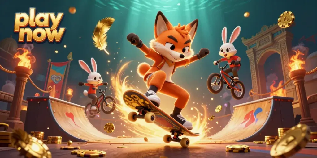 Play now at Kaboom77 with a thrilling illustration of a skateboarder fox and BMX rabbit in a vibrant casino scene.