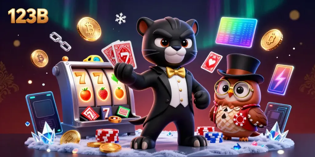 Engage with 123B's vivid gaming world featuring a stylish panther dealing cards, surrounded by slot symbols and crypto elements.