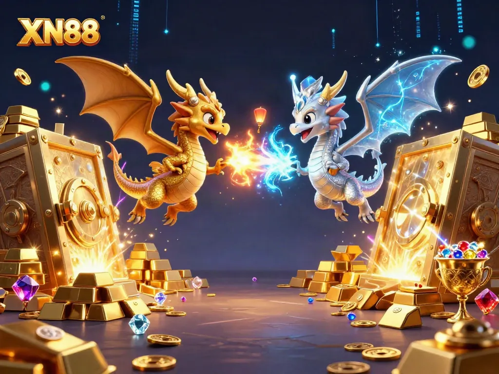 Experience thrilling gameplay with XN88's dynamic dragon illustration and treasure-filled casinos.