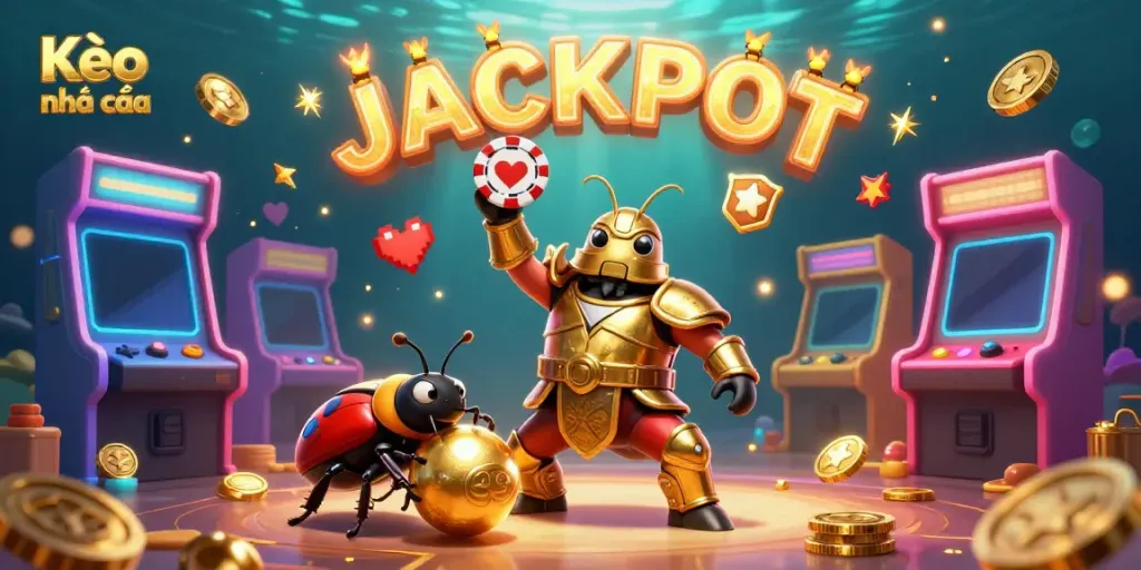 Celebrate wins with Kèo nhà cái illustrated, showing beetles in a triumphant casino scene.