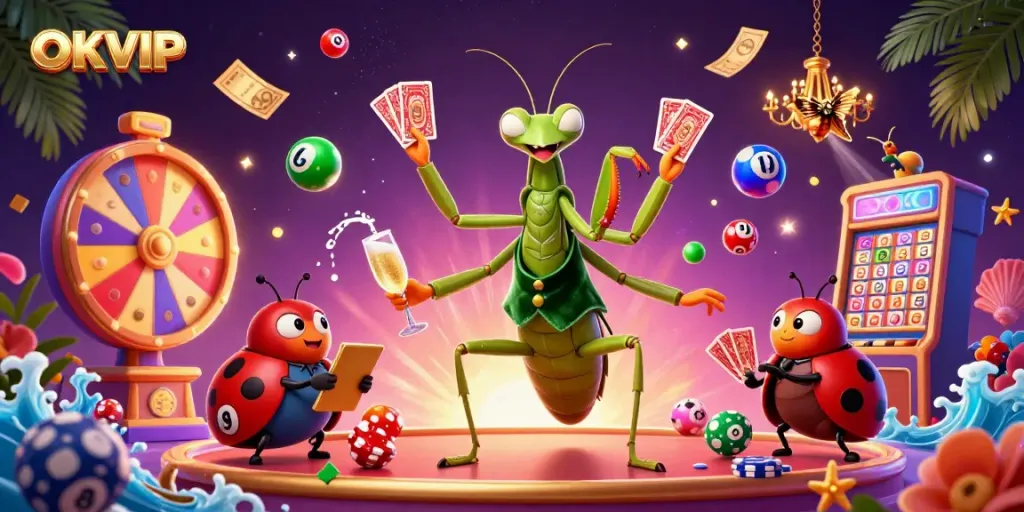 Engaging scene with OKVIP characters dealing cards and lively gaming elements, showcasing dynamic casino excitement.