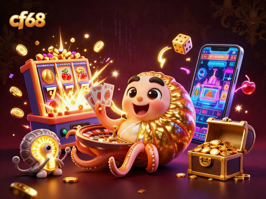 Experience the thrill of cf68 with a vibrant 3D casino illustration featuring exciting games and jackpots.