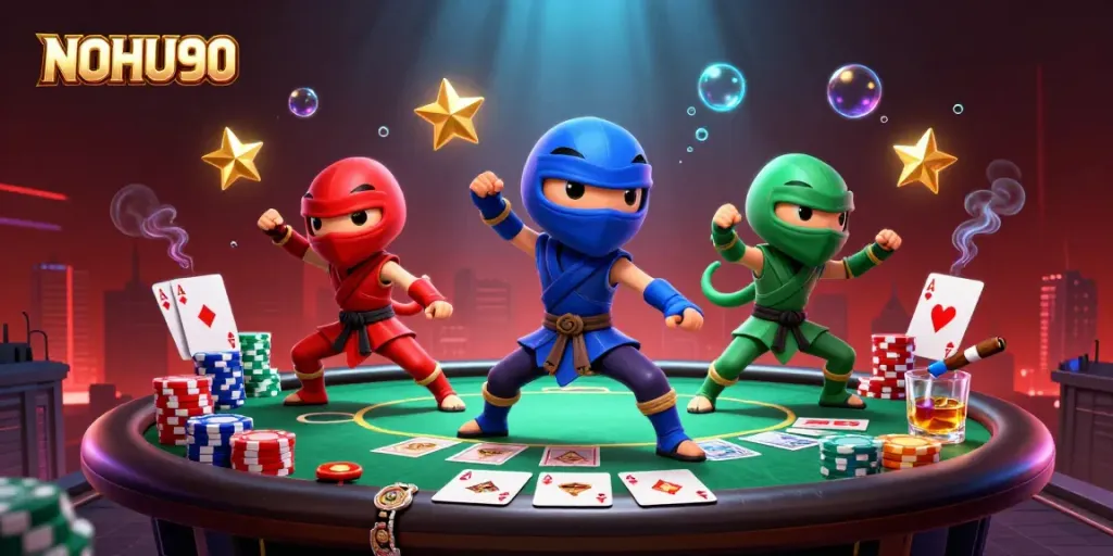 Engage with NOHU90's thrilling gaming experience through vibrant chameleon characters and casino elements.