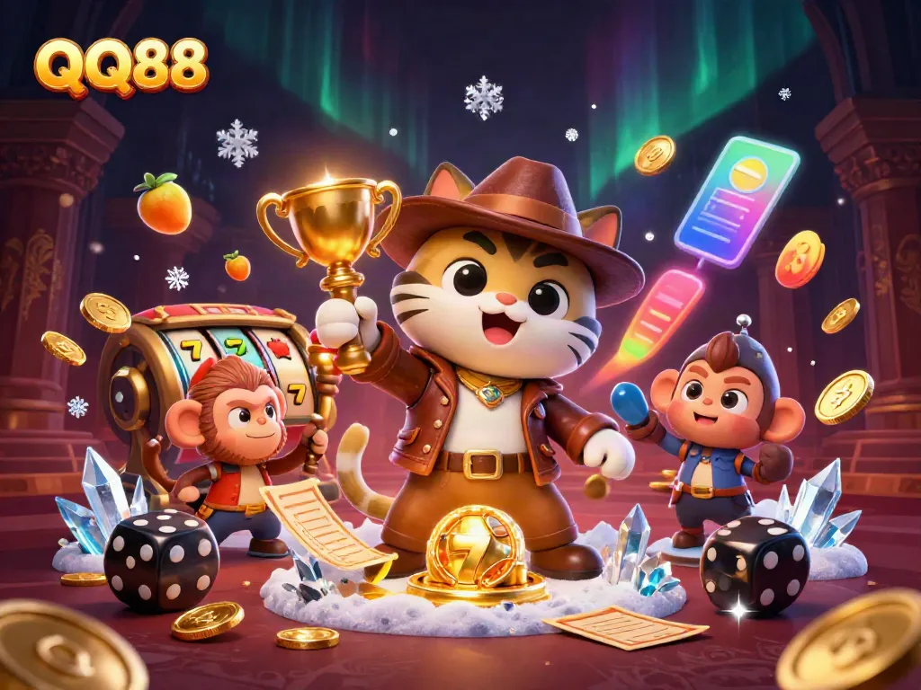 Experience the thrill of QQ88 with a cartoon explorer and captivating casino artifacts.